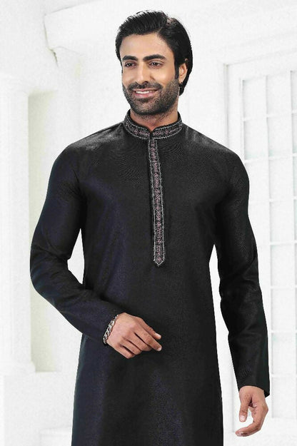 Raivat Ethnic Linen Cotton Thread Work Kurta Pajama In Black Colour