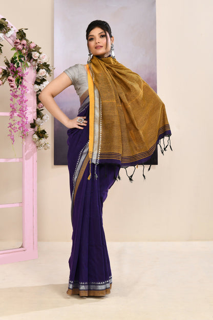 Piyari Fashion Women's Purple Embellished Cotton Blend Jamdani Saree