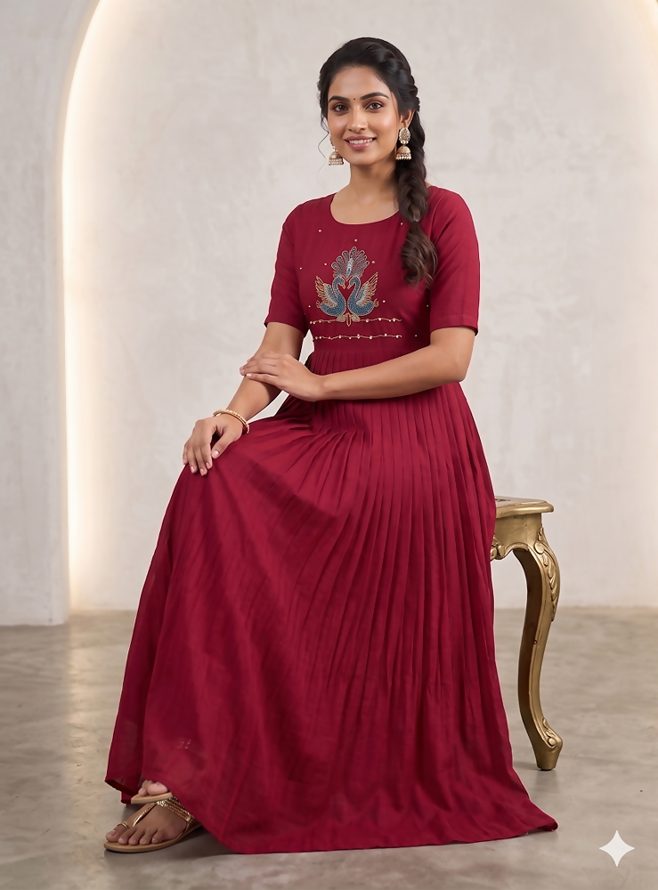 Teeya Creation Women's New Trendy Rani Pink Pleated Maxi Dress with Intricate Peacock Beadwork