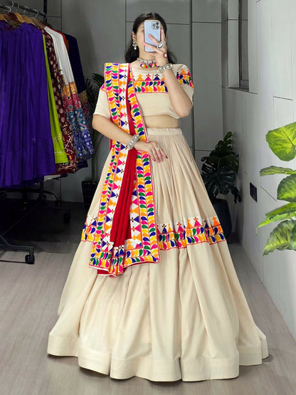 Yash Enterprise Cream Rayon Cotton Embroidery Semi Stitched Navratri Top Chaniya Choli
