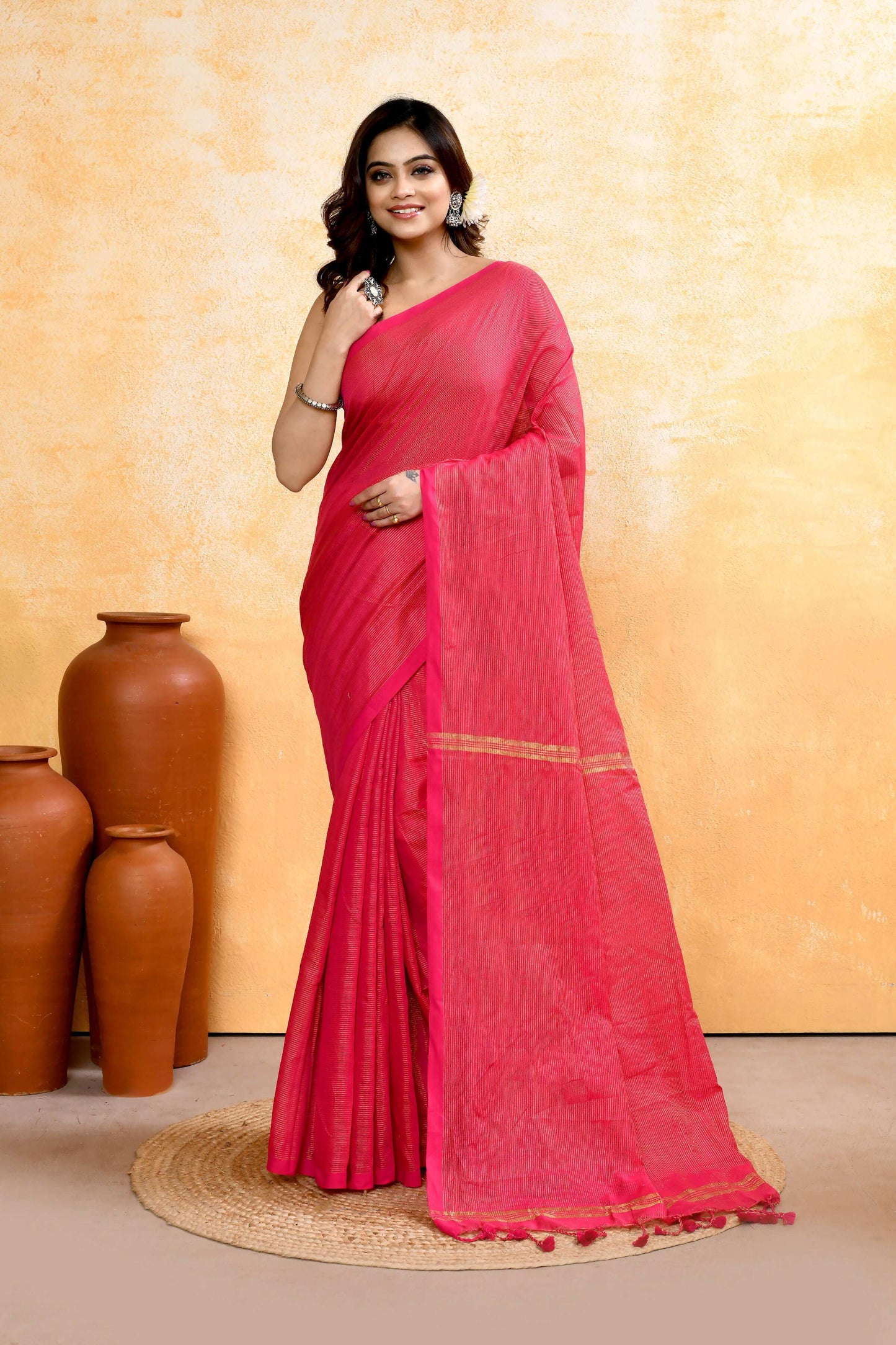Piyari Fashion Women's Rani Pink Embellished Cotton Blend Zari Check Handloom Saree
