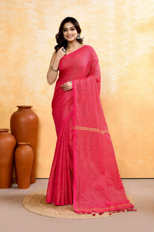 Piyari Fashion Women's Rani Pink Embellished Cotton Blend Zari Check Handloom Saree