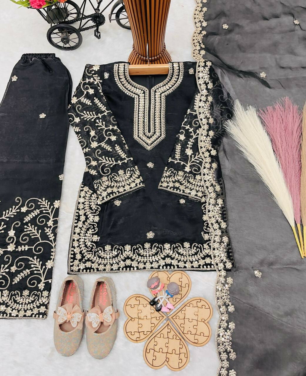 Teeya Creation New Kids Wedding Wear Heavy Embroidery Sequence Work Kurta Sharara Set-Black