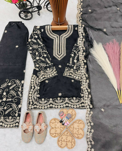 Teeya Creation New Kids Wedding Wear Heavy Embroidery Sequence Work Kurta Sharara Set-Black