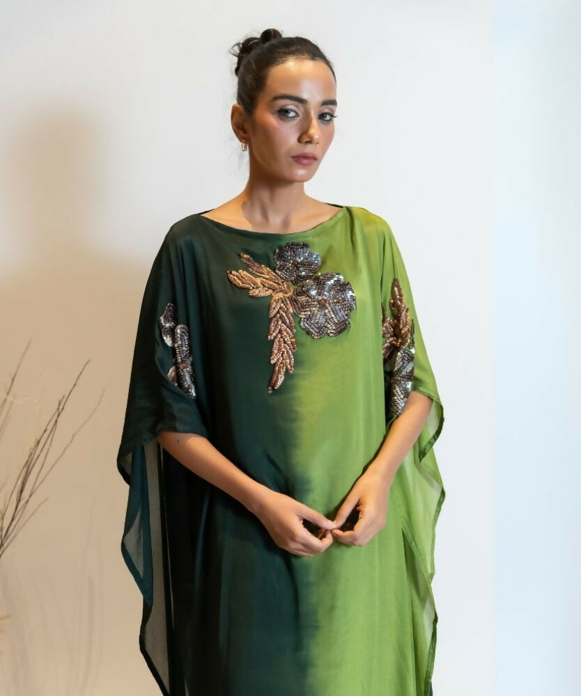 Timaraa Forest Green Ombre Embellished Georgette Kaftan Dress