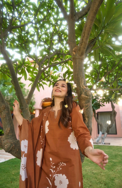 The52 Women's Gorgeous Printed Work Muslin Fabric Straight Kurta Pant and Dupatta Set-Brown