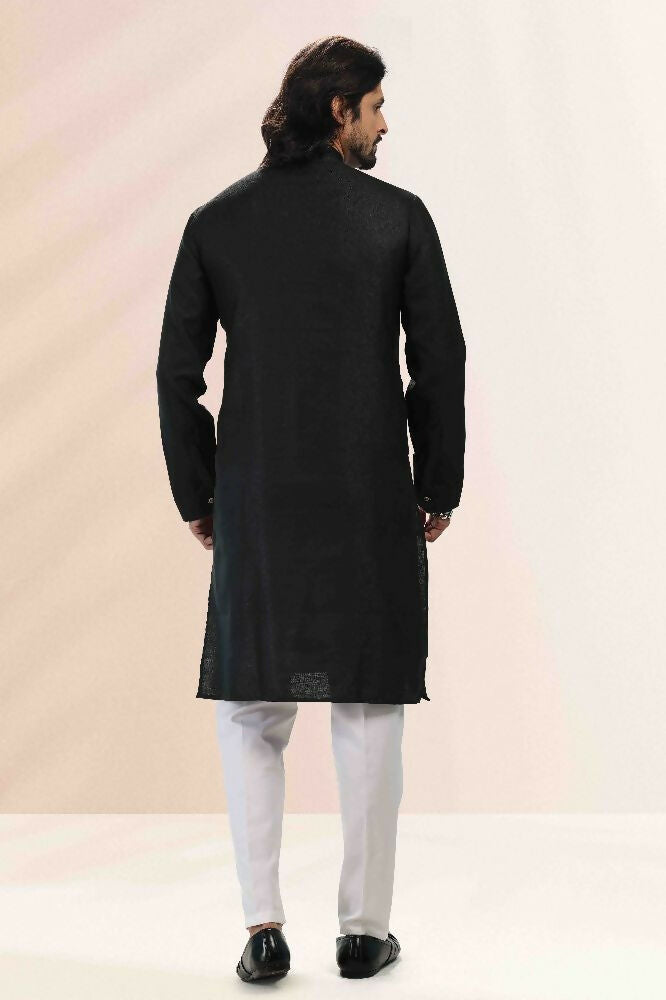 Raivat Ethnic Linen Cotton Pintux Work Kurta Pajama In Black Colour