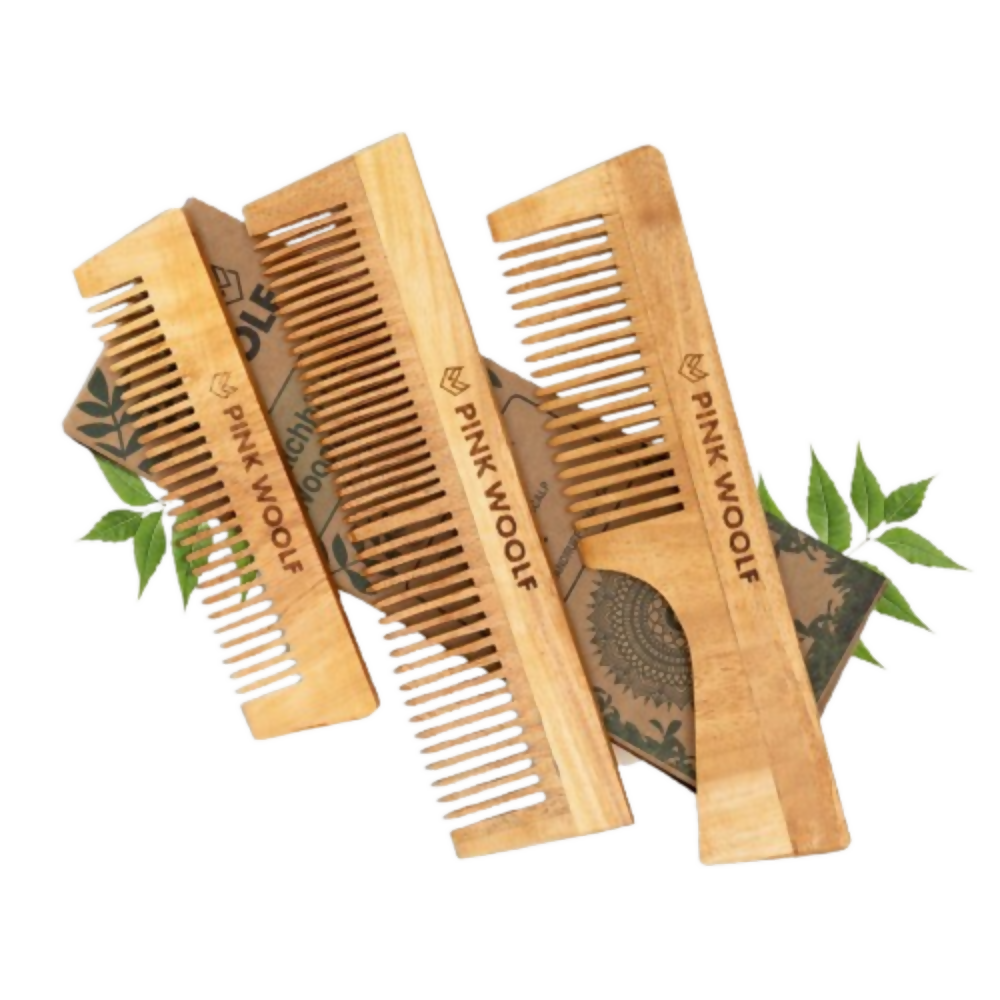 Pink Woolf Neem Wooden Comb Set for Men & Women