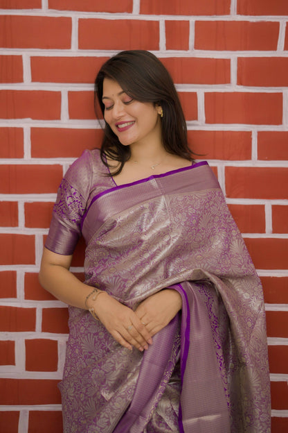 Prime Volt Bridal Kanchipuram Silk Saree with Rich Zari Weaving & Contrast Border-Purple