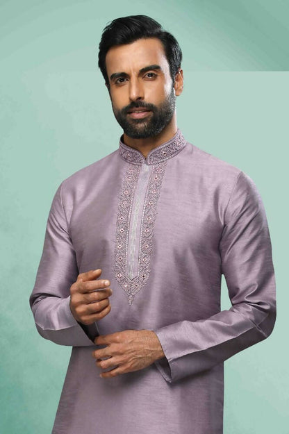 Raivat Ethnic Art Silk Mirror Embroidery Work Kurta Pajama In Lavender Colour