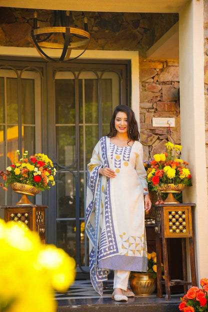The52 Women's Gorgeous Printed Work Muslin Fabric Straight Kurta Pant and Dupatta Set