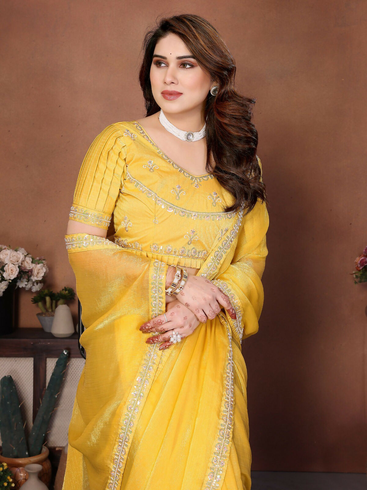 Teeya Creation Trendy Stylish Party Wear Fendy Chiffon Saree-Yellow