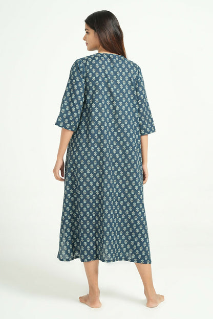 Breathables Women Cotton Printed Loungewear Short Dress Blue I Night Wear | Nighty | Maternity Gown