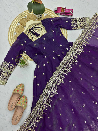Teeya Creation Deep Purple Embroidered Anarkali Suit Set With Dupatta