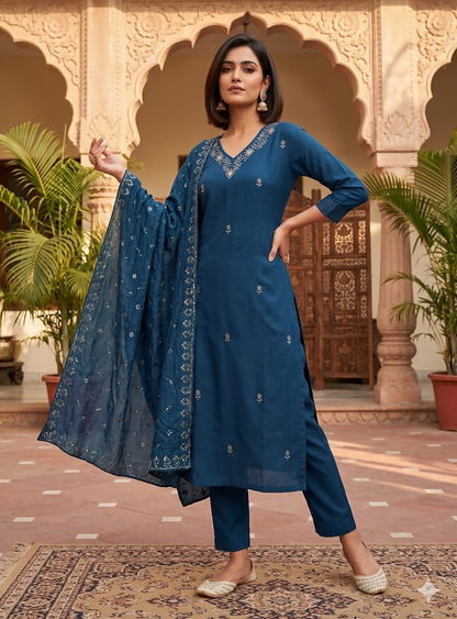 Teeya Creation Ready-To-Wear Dark Blue Chinon Salwar Suit Set With Thread And Sequence Work Set