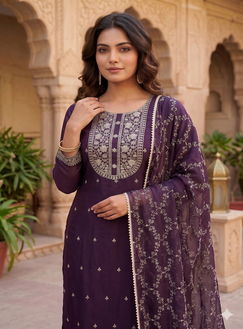 Teeya Creation Deep Wine Embroidered Straight Kurta With Pant And Dupatta