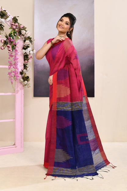 Piyari Fashion Women's Pink Temple Border Embellished Cotton Blend Jamdani Saree