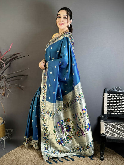 Prime Volt Premium Soft Silk Mayur Paithani Saree with Peacock Meena Weaving & Rich Pallu-Peacock Blue
