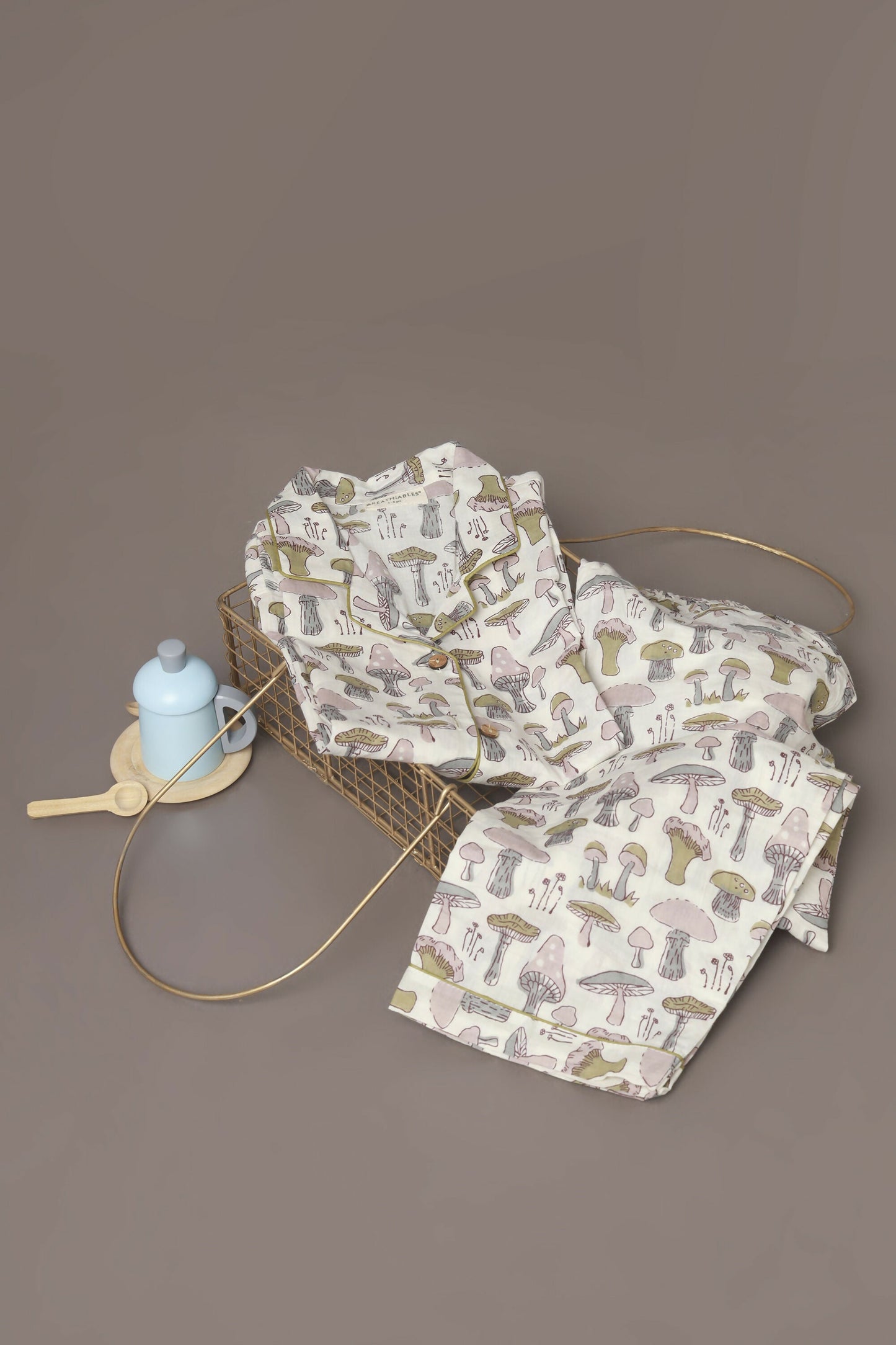 Breathables Kids Cotton White Mushroom Print Shirt & Pyjama Boys & Girls Night Suit