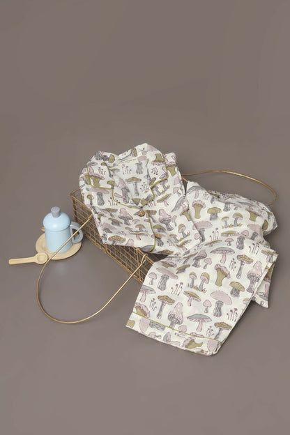 Breathables Kids Cotton White Mushroom Print Shirt & Pyjama Boys & Girls Night Suit