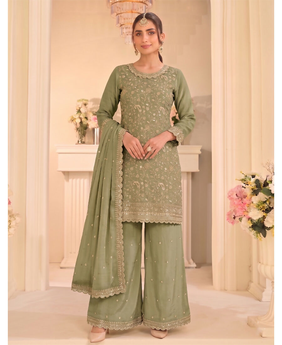 KC Pista Green Vichitra Silk Palazzo Suit For Women Festival Wear