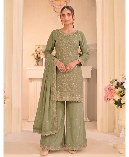 KC Pista Green Vichitra Silk Palazzo Suit For Women Festival Wear
