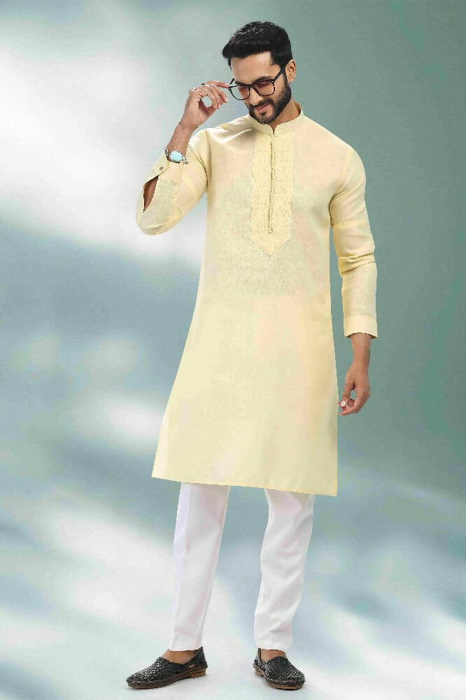Raivat Ethnic Linen Cotton Pintux Work Kurta Pajama In Yellow Colour