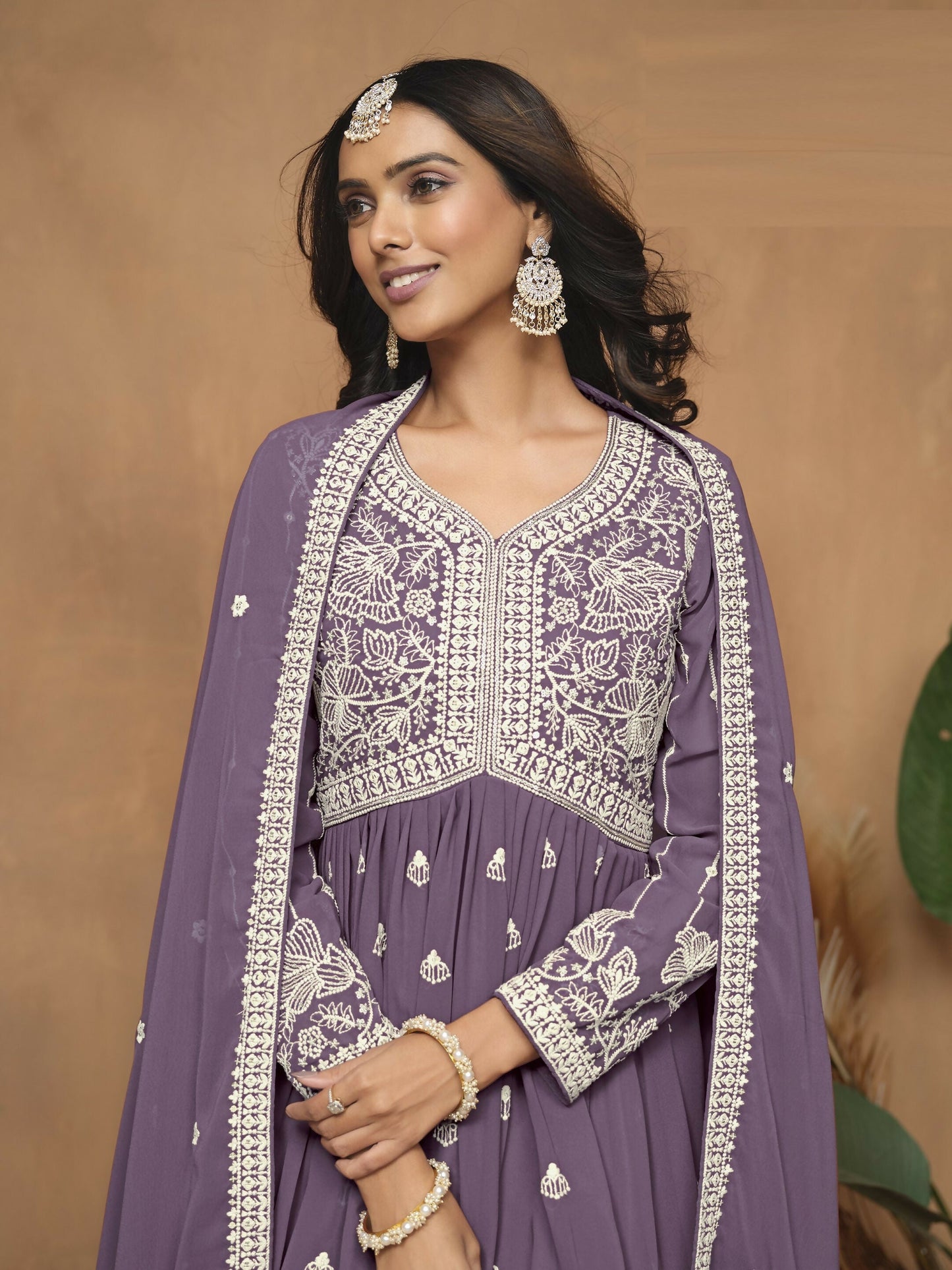 Anaita Lavender Embroidered Faux Georgette Sharara Suit
