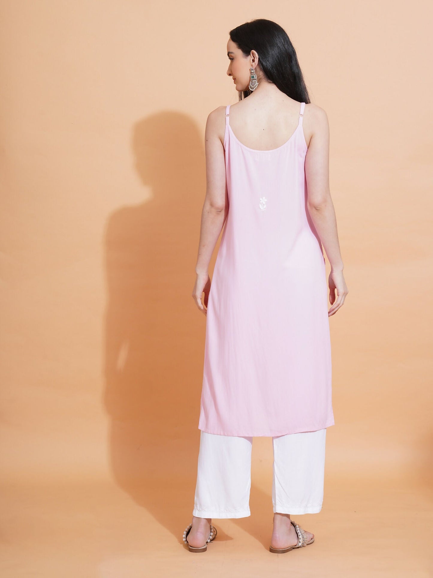 Pahnaz Luxury Rayon Chikankari Sleeveless Long Kurti-Pink