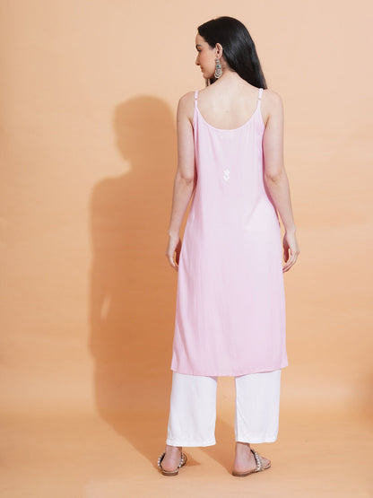 Pahnaz Luxury Rayon Chikankari Sleeveless Long Kurti-Pink