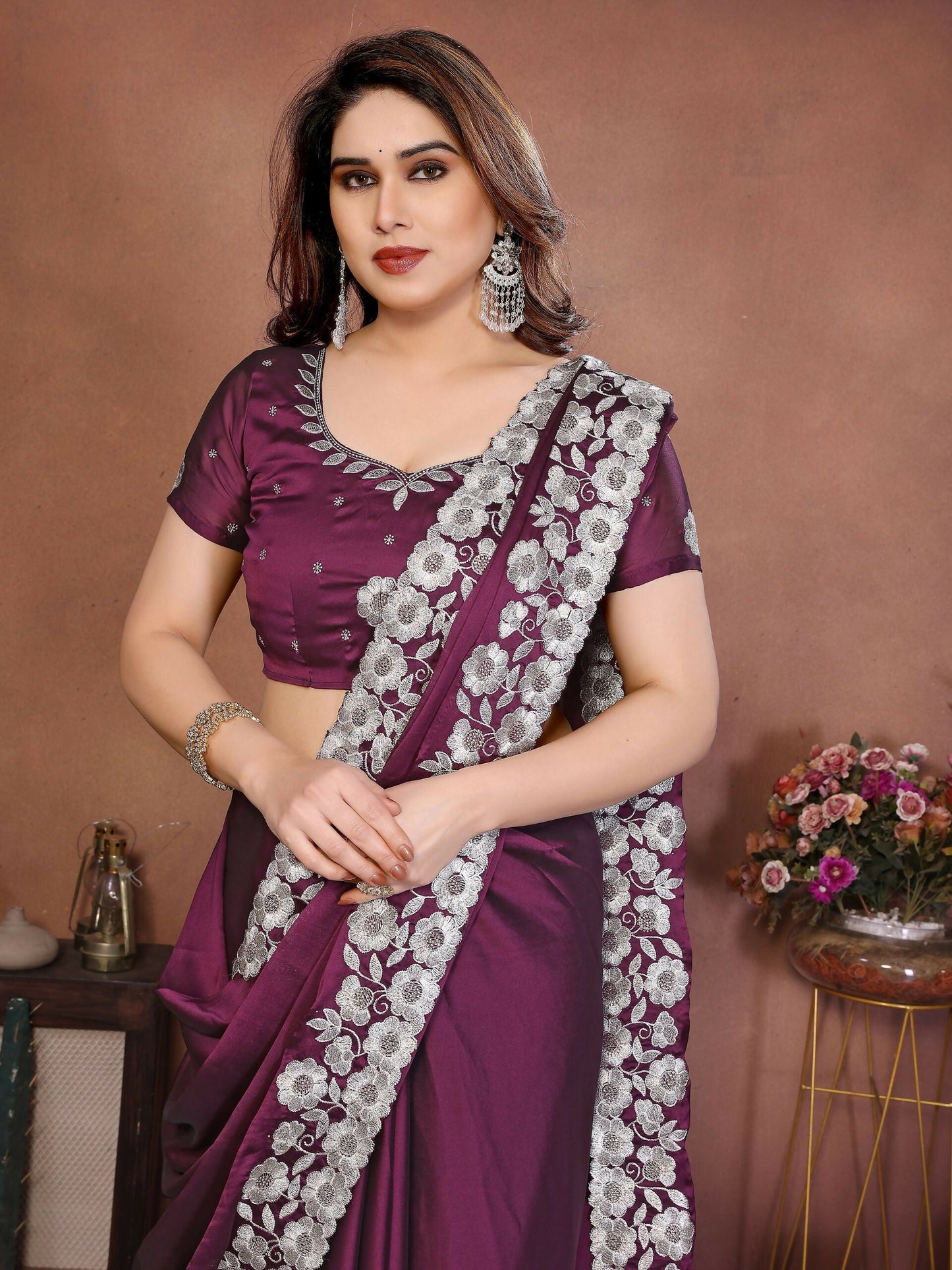 Teeya Creation New Trendy Stylish Party Wear Silk Saree-Wine