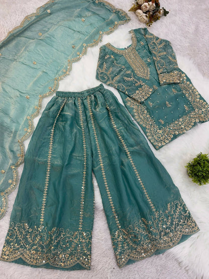 Teeya Creation New Trendy Fully Stitched Ready to Wear Kids Kurta Palazzo Set-Blue