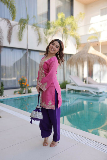 Teeya Creation Womens Wear Purple,Pink Color Viscose Fabric With Sequins & Coding Zari Embroidered Work Kurta Pant Set