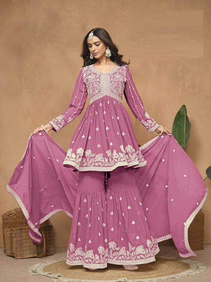 Anaita Pink Embroidered Faux Georgette Sharara Suit