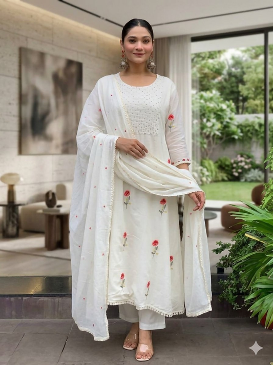 Teeya Creation Elegant White Straight Kurti Pant Set With Rose Motif Embroidery For Women