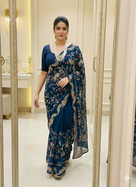 Teeya Creation Womens New Trendy Party Wear Wedding Collection Silk Saree-Blue