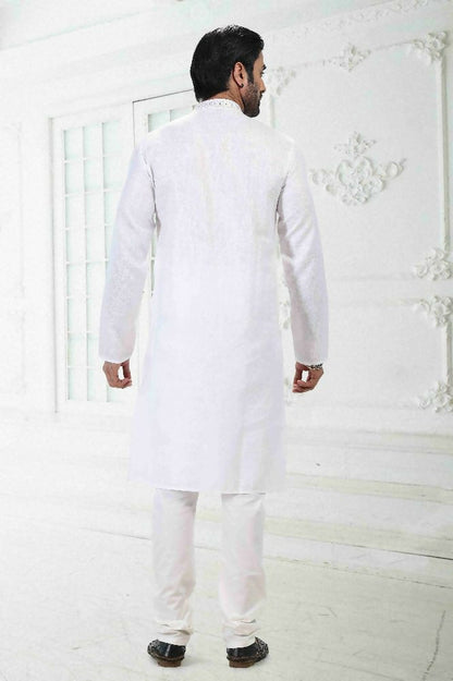 Raivat Ethnic Linen Cotton Thread Work Kurta Pajama In Off White Colour