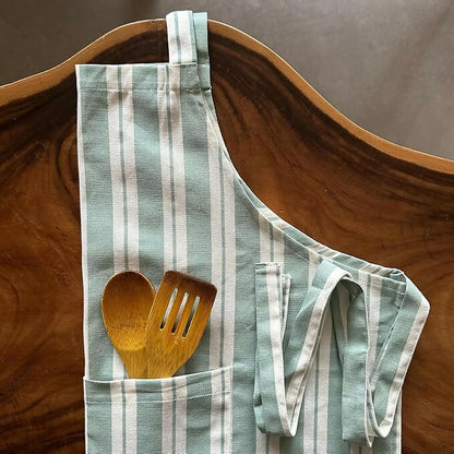 Oak & Lily 100% Cotton Kitchen Apron-Green Striped