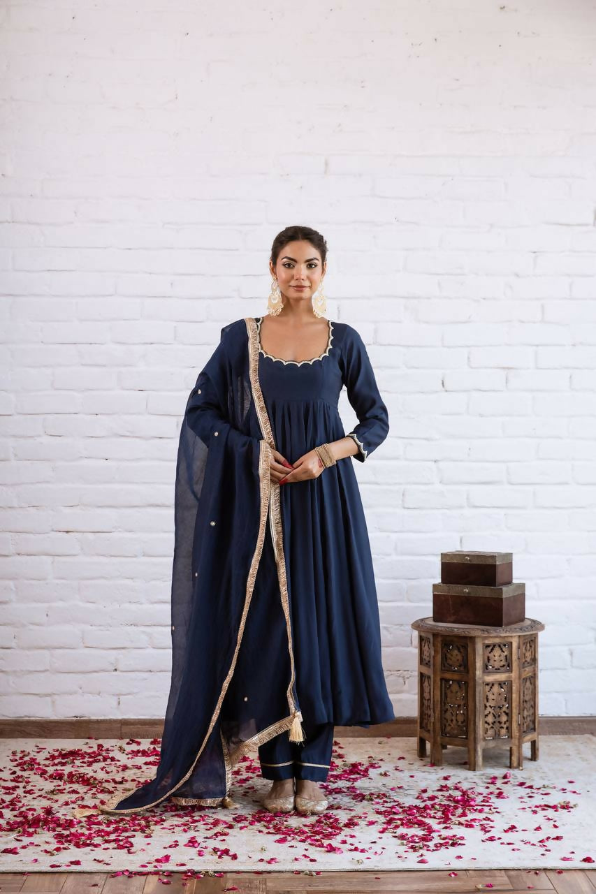 Teeya Creation Navy Blue Scallop Border Anarkali Kurta Set For Women