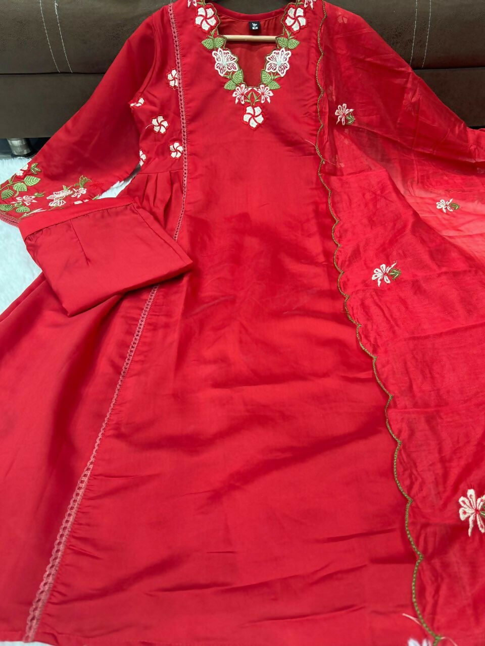 Teeya Creation Designer Red Ethnic Suit Set With Floral Hand-Embroidered Borders Dupatta