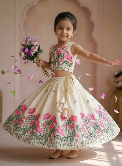Teeya Creation New Latest Trendy Girls Off-White Lotus Floral Printed Silk Lehenga Choli Set With Tassels-White