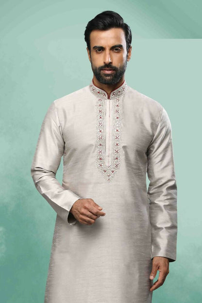 Raivat Ethnic Art Silk Mirror Embroidery Work Kurta Pajama In Grey Colour