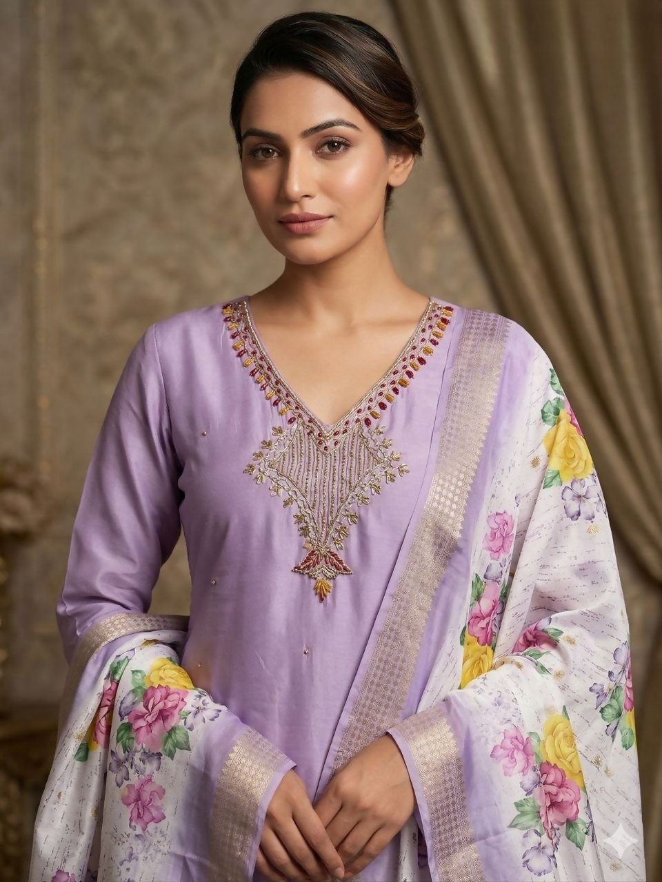 Teeya Creation Womens New Fancy Premium Mul Chanderi Kurta Set - Lavender