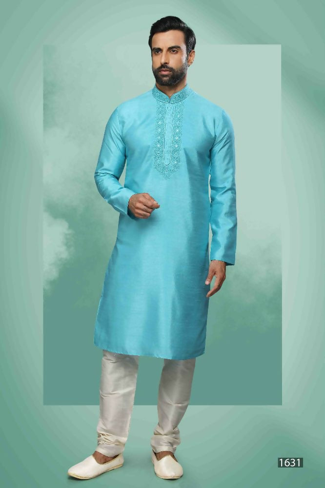 Raivat Ethnic Art Silk Mirror Embroidery Work Kurta Pajama In Sky Blue Colour