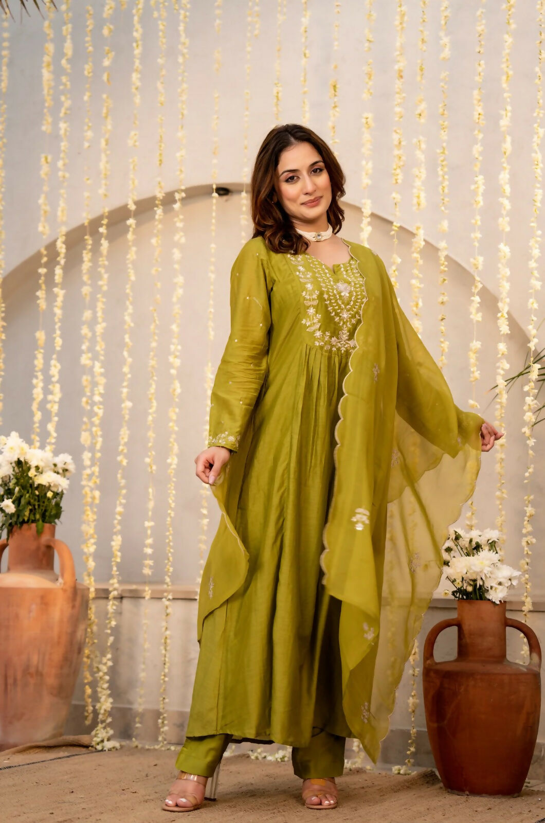 The52 Women's Beautiful Embroidery Work Chanderi Silk Fabric Flared Kurta Pant and Dupatta Set-Light Green
