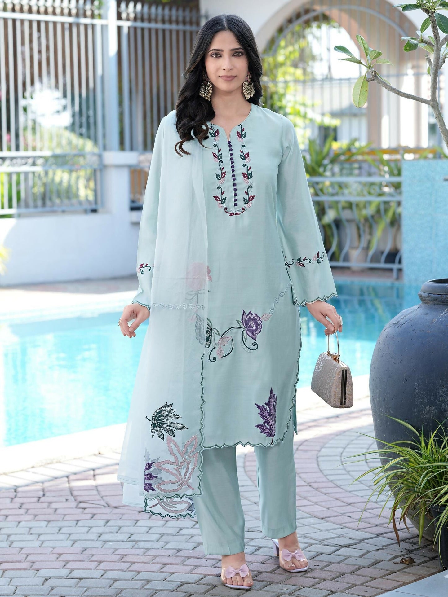 Nikhaar Sea Green Embroidered Art Silk Stitched Straight Cut Kurta Pants Dupatta Readymade Suit