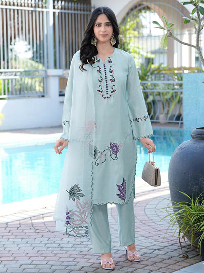 Nikhaar Sea Green Embroidered Art Silk Stitched Straight Cut Kurta Pants Dupatta Readymade Suit