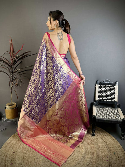 Prime Volt Pure Handloom Kanjivaram Katan Silk Saree with Antique Zari & Contrast Pallu-Purple