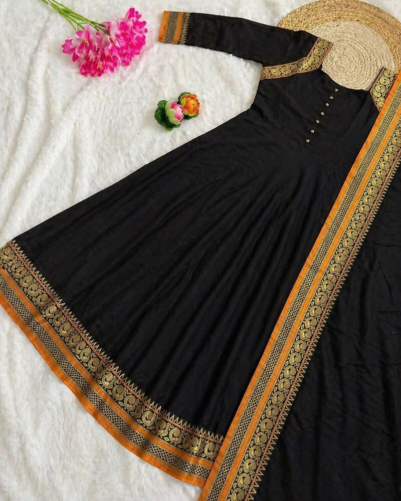Teeya Creation New Trendy Stylish Black Solid Anarkali Kurta with Traditional Golden Border Dupatta Set
