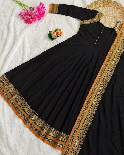 Teeya Creation New Trendy Stylish Black Solid Anarkali Kurta with Traditional Golden Border Dupatta Set